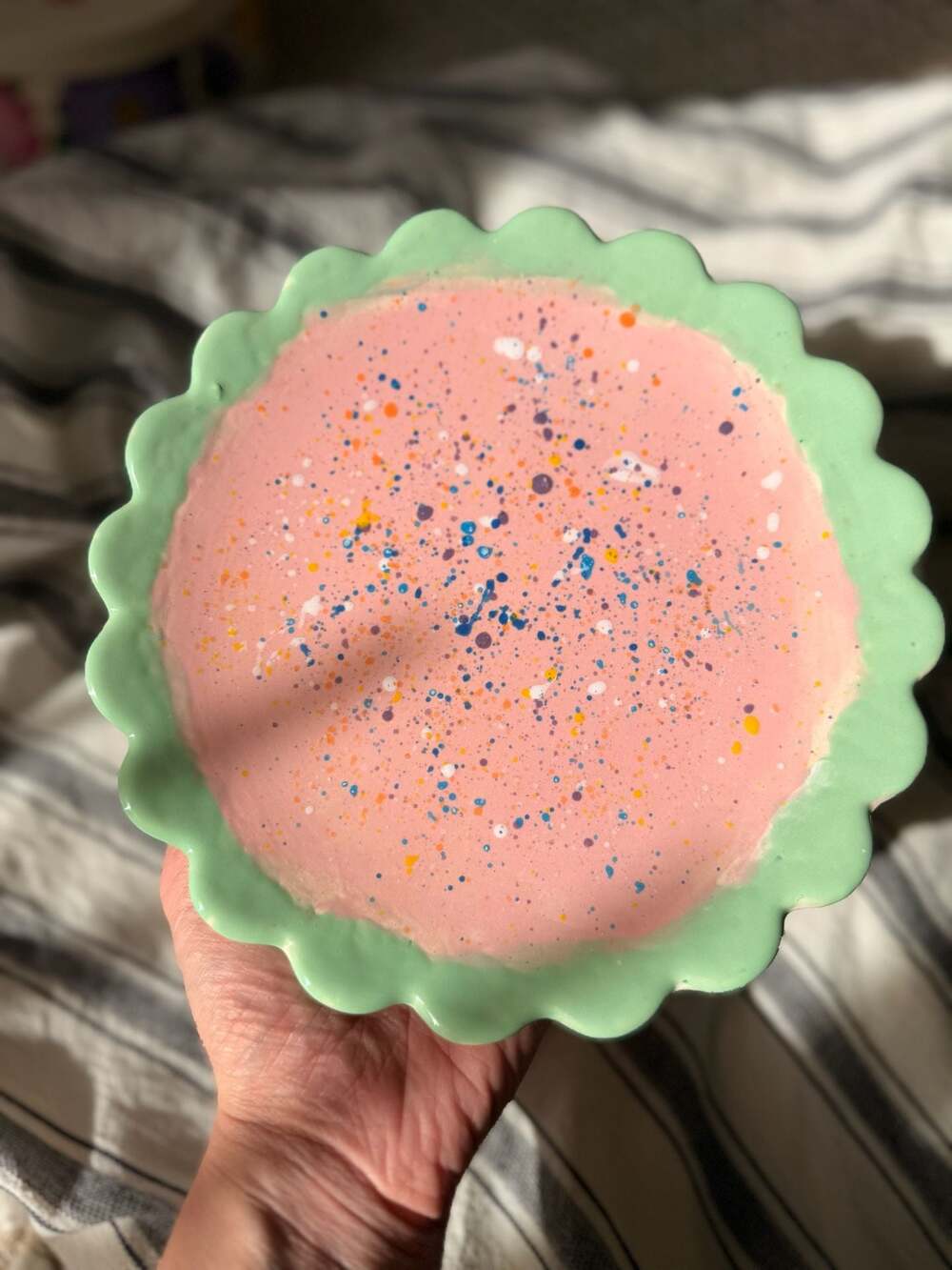 Handmade Scalloped Ceramic Plate with Pink Splatter Paint, Signed by Artist Kena